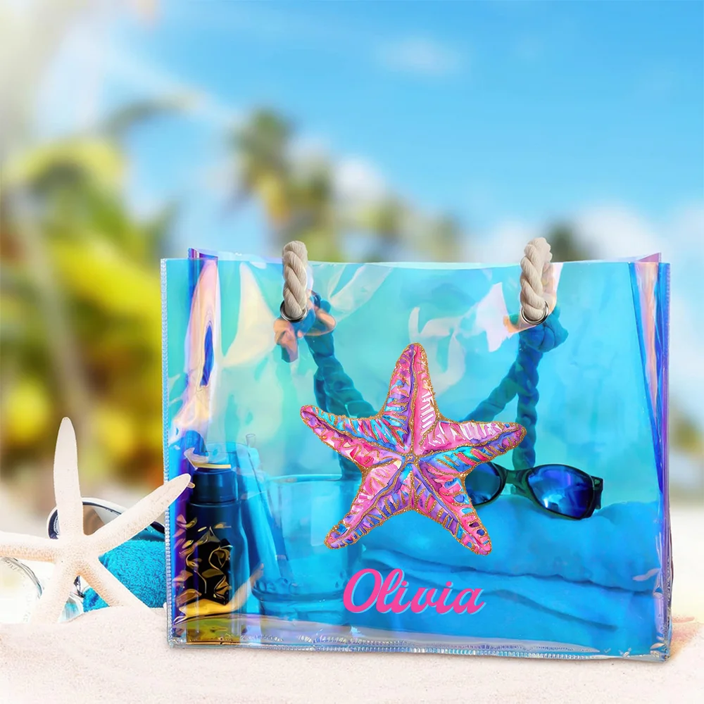 Borsa tote personalizzata in PVC con nome a tema oceanico, impermeabile e glitterata.