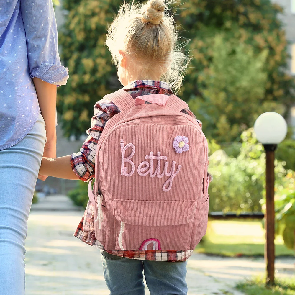 Zainetto personalizzato in velluto a coste con nome e fiore per bambini 