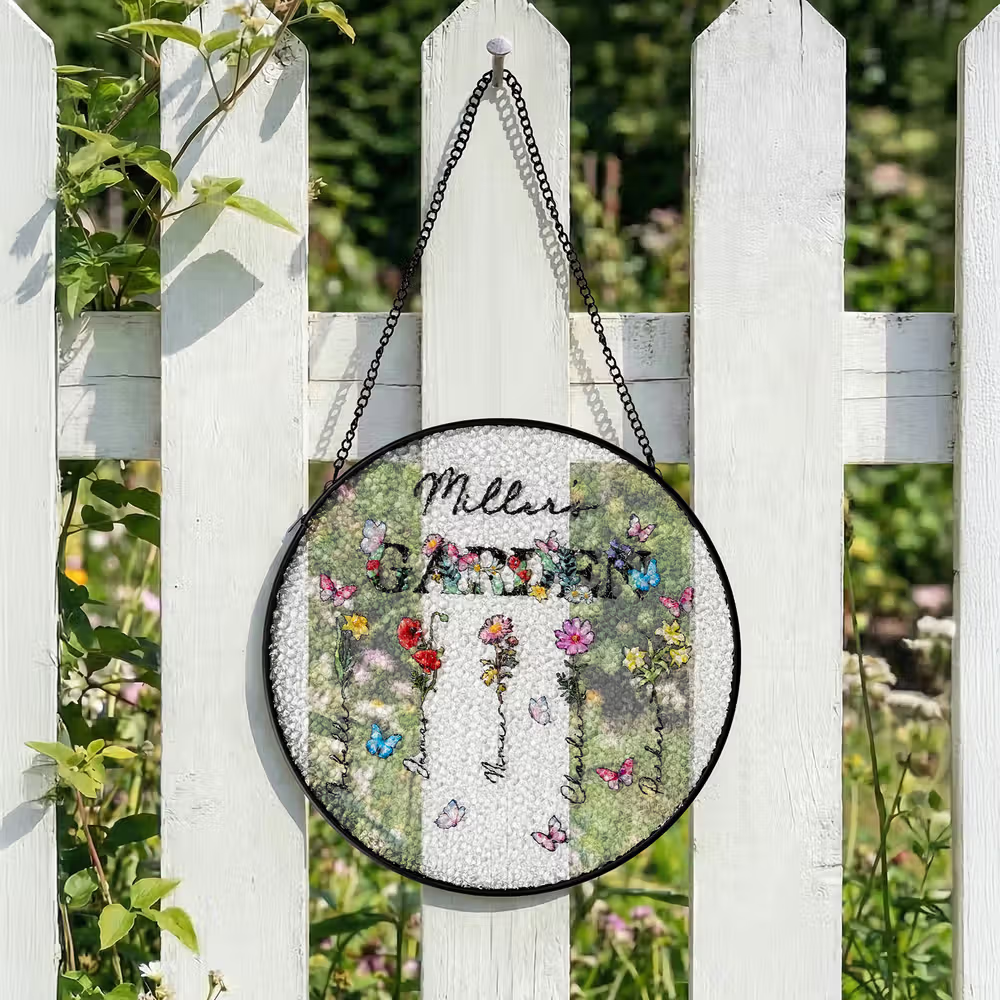 Acchiappasole in vetro personalizzato con fiori di nascita e nomi