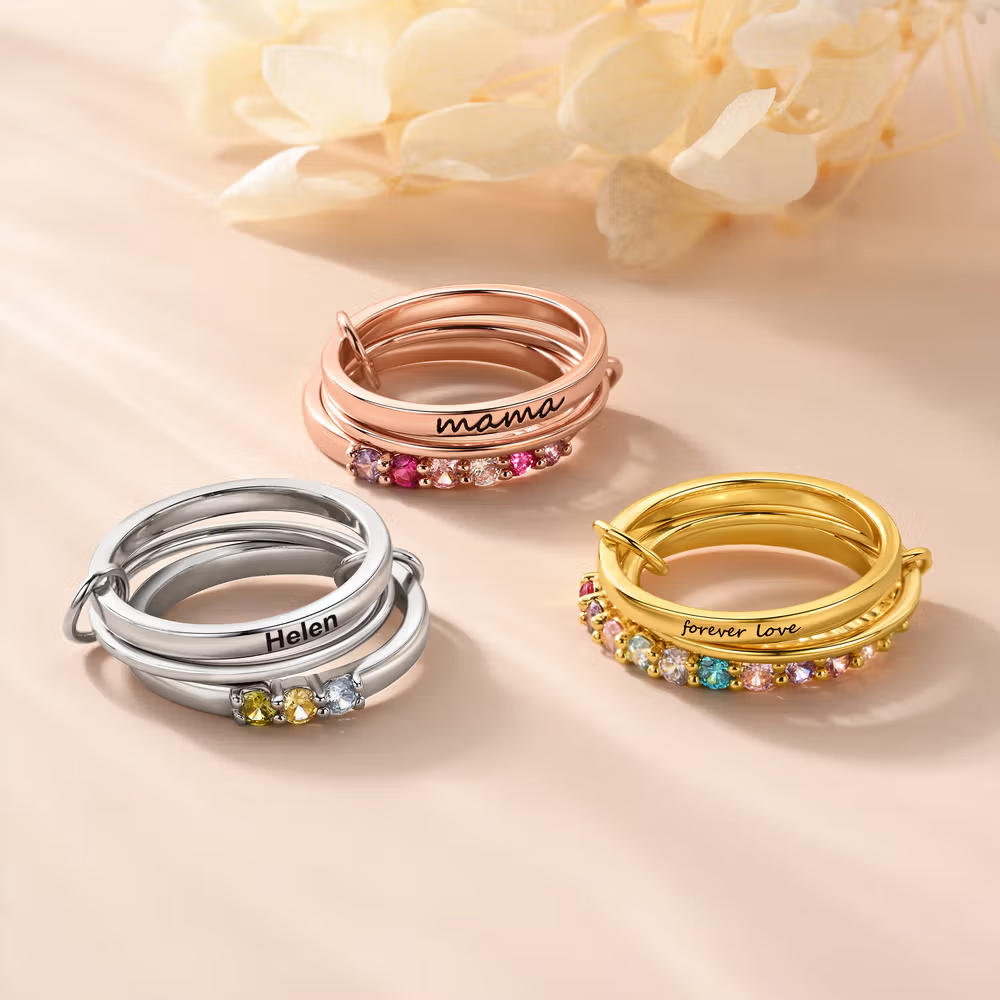 Anello in argento sterling personalizzato con tre fasce e pietre natali