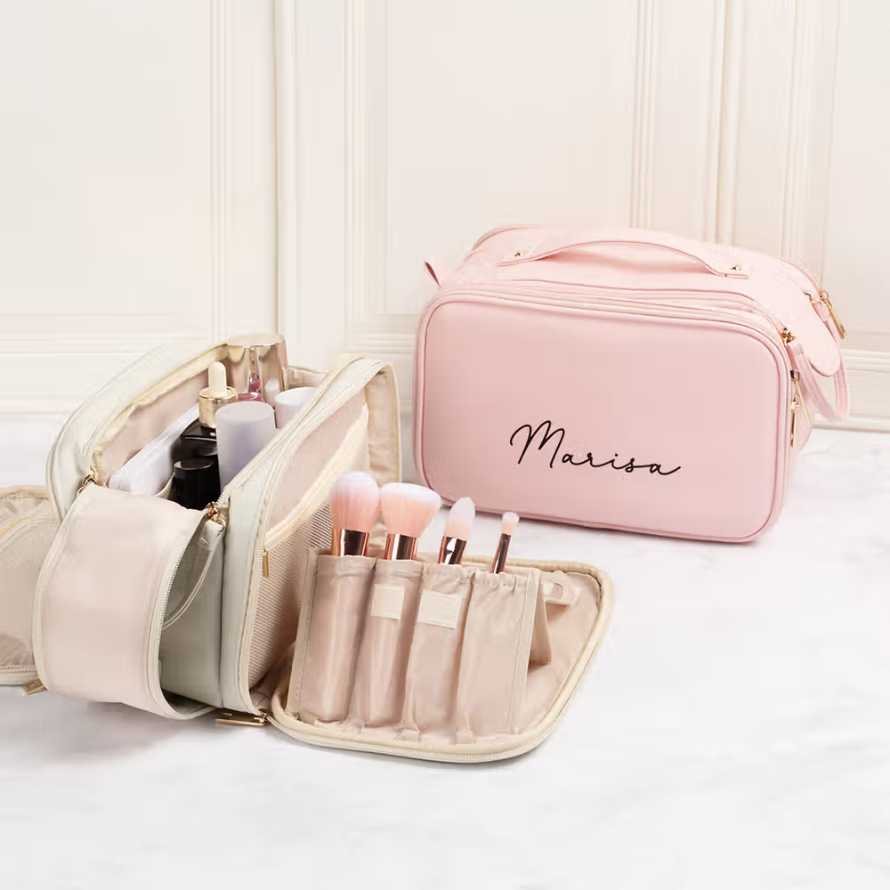Borsa da trucco in pelle personalizzata con scomparti e porta pennelli