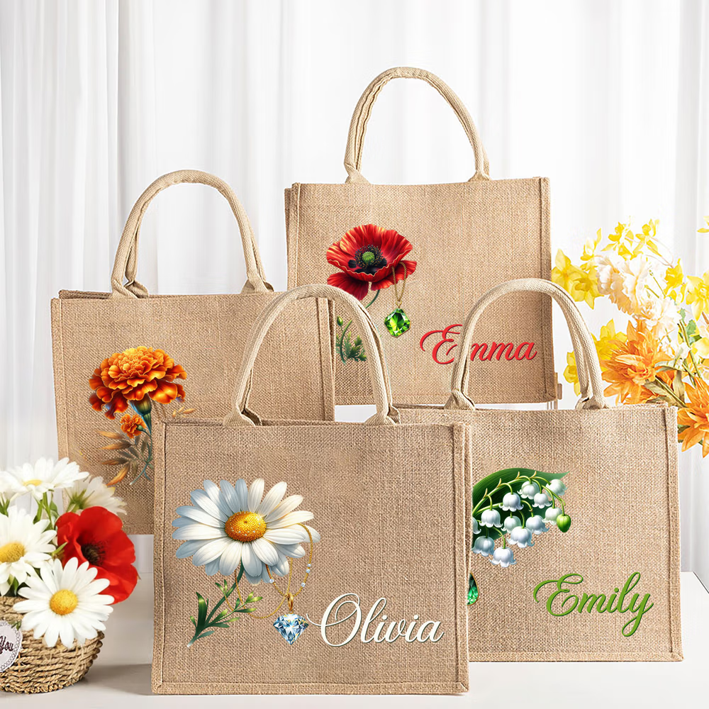 Borsa di iuta personalizzata con fiore di nascita e nome