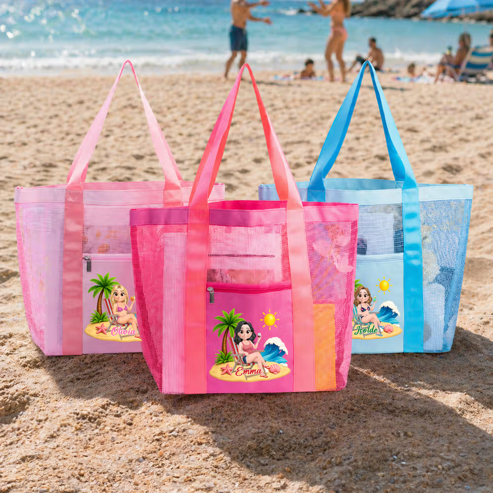 Borsa mare in rete personalizzata con personaggio animato con effetto 3D e nome