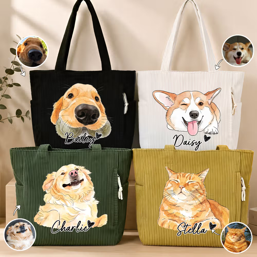 Borsa shopper in velluto a coste con foto e nome del tuo animale