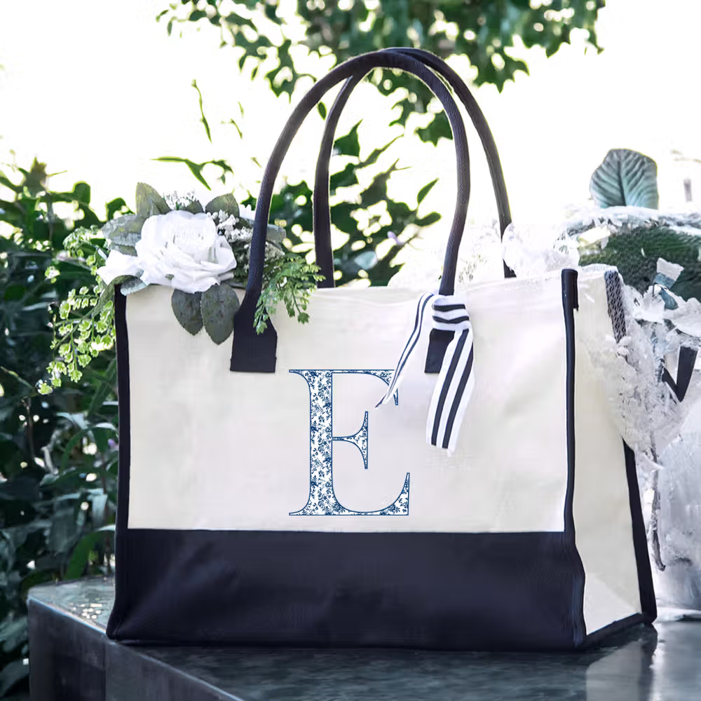 Borsa tote grande personalizzata con iniziale in stile Toile de Jouy