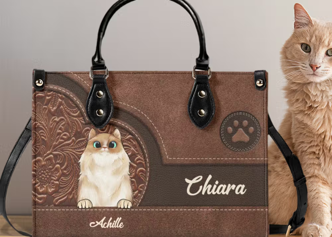 Borsa tote in pelle personalizzata con gatto e nome