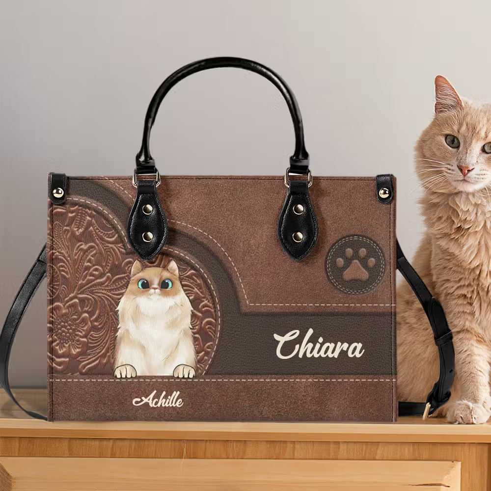 Borsa tote in pelle personalizzata con gatto e nome