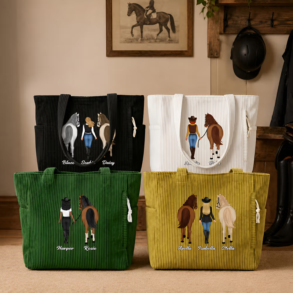 Borsa tote personalizzata in velluto a coste con tema equestre
