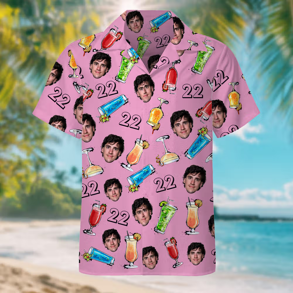 Camicia hawaiana personalizzata con foto e tema drink per le vacanze estive
