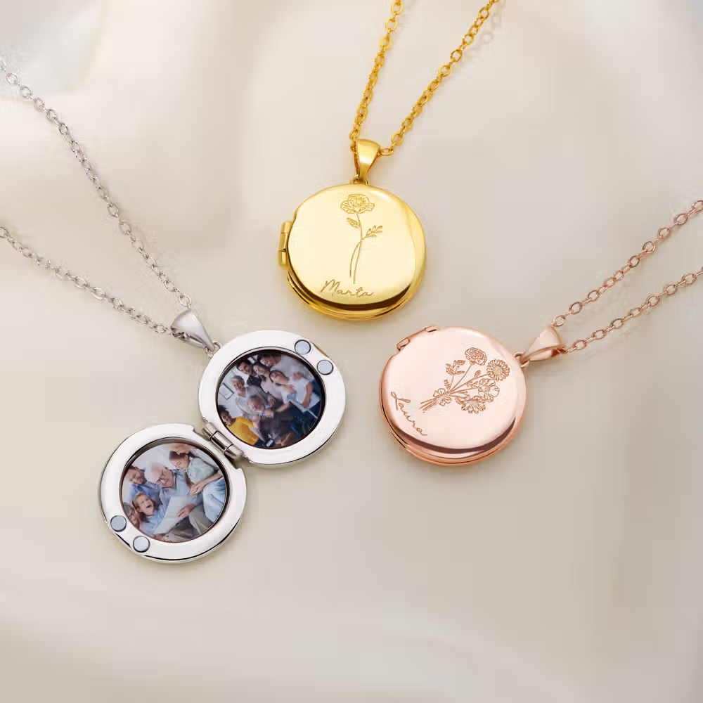 Collana personalizzata in argento con fiori di nascita e foto