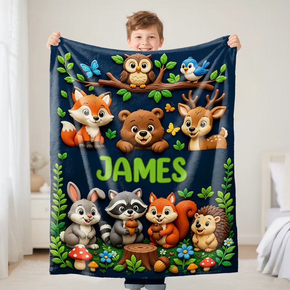 Coperta in pile personalizzata con animali del bosco e nome