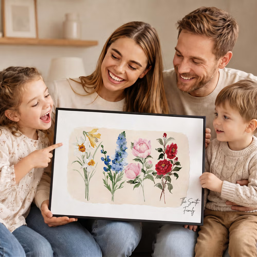 Quadro personalizzato con fiori di nascita e testo per la famiglia