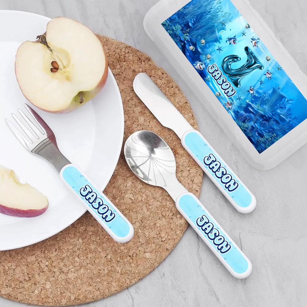 Set di posate personalizzato per bambini con tema squalo dell’oceano