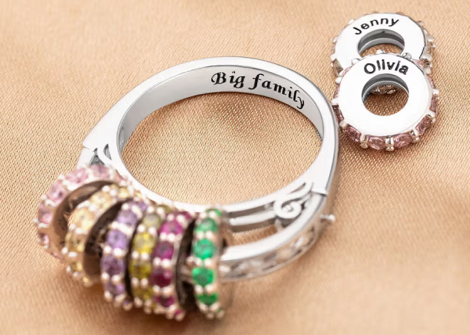 Anello personalizzato con pietra di nascita della famiglia per la mamma e la nonna