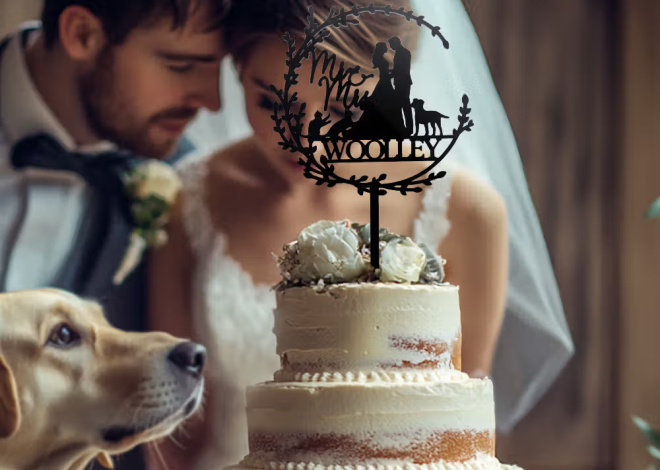 Decorazione per torta nuziale con sposi e animali domestici