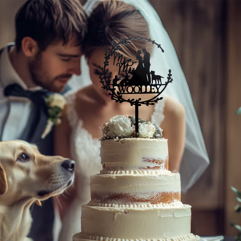Decorazione per torta nuziale con sposi e animali domestici