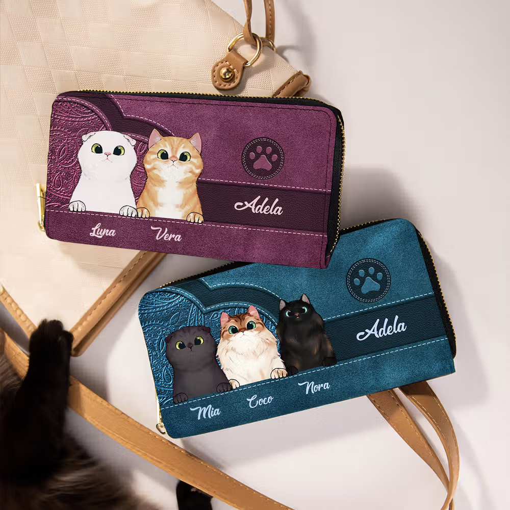 Portafoglio in pelle PU personalizzato con gatto in stile vintage