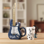 Tazza di ceramica personalizzata con manico a forma di chitarra con nome e coperchio