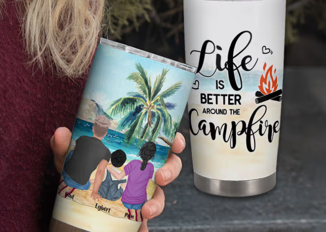 Tumbler personalizzato per la famiglia in campeggio sulla spiaggia